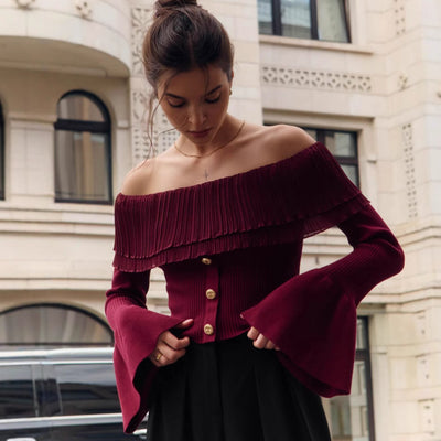 Off-shoulder Collar  Clinch Splicing Knitwear