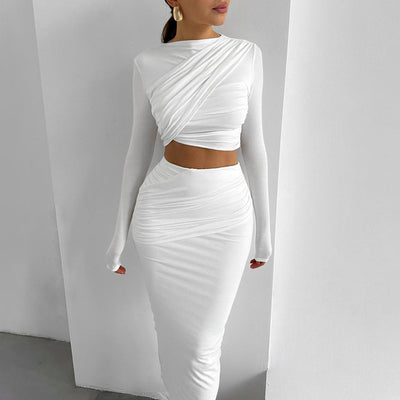 Round Neck Long Sleeves Cropped Top Slim-fit Sheath Skirt