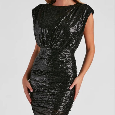 Women's Black Sequins Sleeveless Hip Skirt